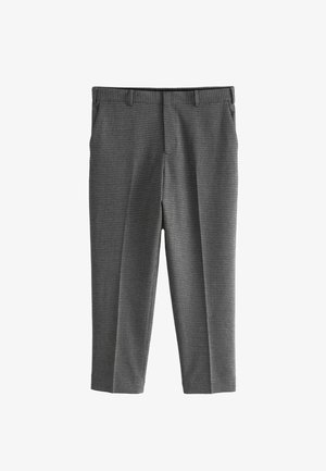 Grijze geruite broek met een op maat gemaakte pasvorm, gladde textuur en een standaard tailleband. Bevat zijzakken en scherpe, geplooide plooien.