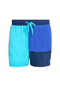 Pánske plavky so zmesou svetlomodrých, tmavomodrých a námorníckych panelov. Majú elastický pás s šnúrkou a hladký povrch.