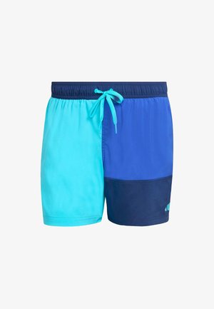 Men's swim shorts with a blend of light blue, dark blue, and navy panels. Features an elastic waistband with a drawstring and smooth texture.