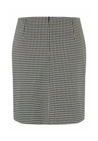 Zwart-wit houndstooth rokje, fitted ontwerp, middelmatige lengte, met een gladde textuur en een discreet ritssluiting detail achter.