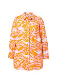 Chemise à manches longues à motif rayé tigre rose et orange, en tissu léger, dotée d'un devant à boutons et d'une poche sur la poitrine.