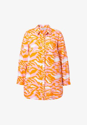 Long-sleeve shirt in pink and orange tiger stripe pattern, made of lightweight fabric, featuring a button-down front and one chest pocket.