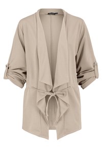 Cardigan beige léger avec une ouverture frontale, une ceinture à nouer et des manches retroussées. Confectionné dans un tissu lisse avec une coupe décontractée.