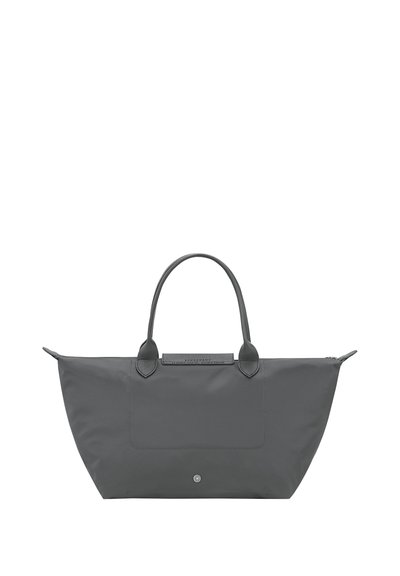 Gray tote bag with two handles, a front pocket, and a zippered top closure, displayed against a white background.