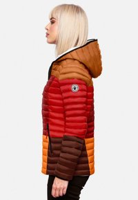 Color-blocked puffer jacket featuring hues of red, brown, and orange. Quilted texture with a hood and side zipper pockets. Circular logo accent.