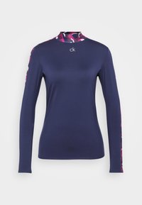 Marineblauseshirt mit langen Ärmeln und hohem Kragen, ausgestattet mit einem mehrfarbigen Blumenmuster auf den Schultern und dem "ck"-Logo auf der Vorderseite.