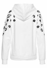 Felpa bianca con dettagli in stampa leopardata nera sulle spalle. Realizzata in tessuto morbido con una vestibilità ampia e cappuccio con laccetti.