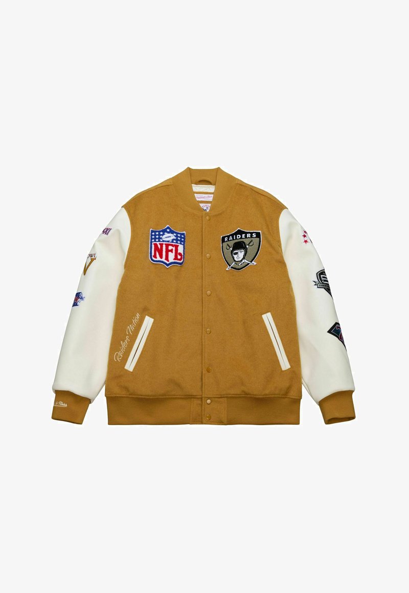 Brown wool blend varsity jacket with white leather sleeves, featuring NFL and Raiders logos, snap buttons, and embroidered details.