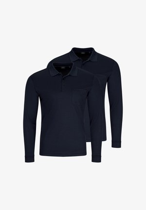 Due polo a manica lunga in blu navy scuro con colletto, bottoni e tasche sul petto, sovrapposti su uno sfondo bianco.