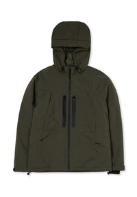 Giacca impermeabile verde oliva con cappuccio, zip frontale, due tasche sul petto con zip verticali e tasche laterali inclinate, dotata di polsini regolabili.