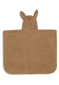 Bruine handdoek poncho met een capuchon en twee oren. Gemaakt van zacht, textuurstof heeft het een rechthoekige vorm met afgeronde hoeken.