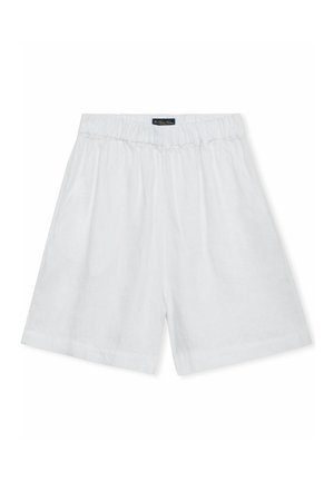 Białe szorty z elastycznym pasem, luźnym krojem, wykonane z lekkiego materiału, z małą metką marki na środku pasa.