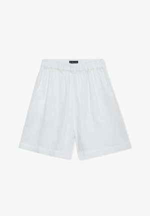 Witte shorts met elastische tailleband en losse pasvorm, gemaakt van lichtgewicht stof, met een klein merklabel in het midden van de tailleband.