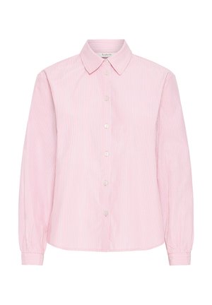 Világos rózsaszín gombos ing, függőleges fehér csíkokkal, hosszú ujjal, hegyes gallérral és ráncolt mandzsettával. Simább anyagból készült.