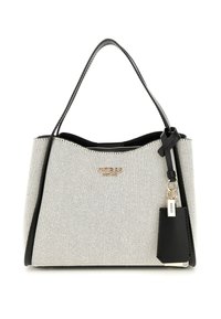 Borsa testurizzata bianca e nera con una parte superiore curva, due manici neri, dettaglio logo dorato e portachiavi nero rimovibile.