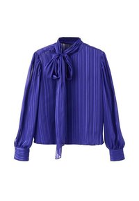 Camicia viola trasparente con righe verticali, dettaglio al collo annodato, maniche lunghe a sbuffo e polsini con bottoni. Tessuto liscio e vestibilità ampia.