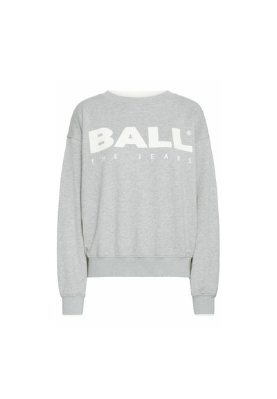 Felpa grigia con logo bianco "BALL" e testo "THE JEANS". Presenta un colletto, polsini e vita a coste; realizzata in tessuto morbido.