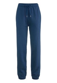 Pantalones de chándal azul marino hechos de tela suave, con una cinturilla elástica con cordón y puños elásticos en el tobillo.