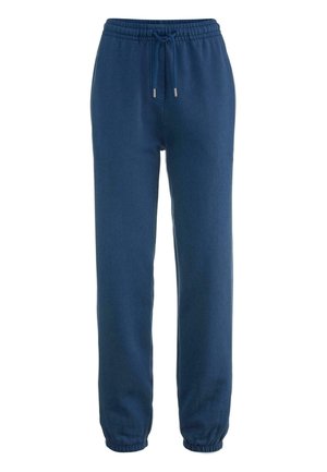 Pantaloni sportivi blu navy realizzati in tessuto morbido, con vita elastica e cordino, e polsini elasticizzati alla caviglia.