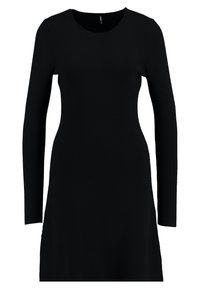 Vestido negro de manga larga con escote redondeado, cuerpo ajustado y dobladillo acampanado, hecho de una tela suave con textura mate.