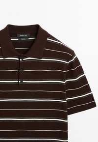 Brun polo-tröja med vita och grå horisontella ränder, tre svarta knappar och en vikt krage.