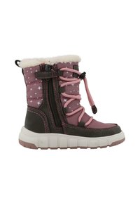 Stivale invernale rosa e grigio con motivo a stelle, collo in pelliccia sintetica, lacci rosa e suola bianca testurizzata dal design robusto.