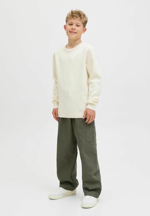 Felpa crema con polsini a coste, abbinata a pantaloni cargo verde oliva a vestibilità ampia. Sneakers bianche completano l'outfit.
