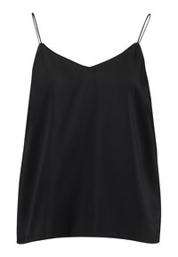Top in satin nero con scollatura a V, spalline sottili e regolabili, e vestibilità ampia. Silhouette semplice e versatile.