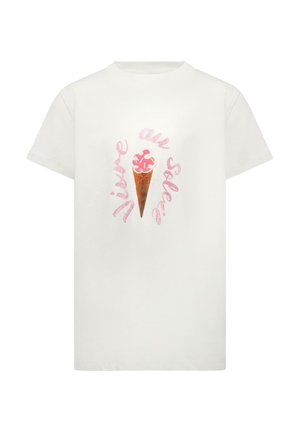 Witte katoenen t-shirt met een roze glitterende ijsjesgrafiek en de tekst "Vive au Soleil" in een speels lettertype. Korte mouwen, ronde hals.