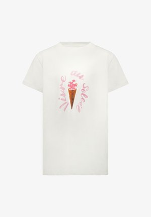 Witte katoenen t-shirt met een roze glitterende ijsjesgrafiek en de tekst "Vive au Soleil" in een speels lettertype. Korte mouwen, ronde hals.