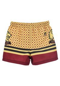 Shorts de bain Gryffondor en jaune avec des accents bordeaux. Présente un emblème de lion, un motif d'étoiles, et des rayures horizontales jaunes et noires. Taille élastique.