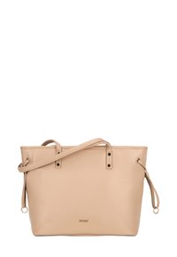 Borsa tote sintetica beige con doppi manici, hardware color oro e tracolla regolabile. Presenta una texture liscia e un design minimalista.