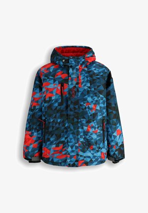 Wielokolorowa zimowa kurtka z geometrycznym wzorem w odcieniach niebieskiego, czerwonego i czarnego. Posiada kaptur oraz liczne kieszenie zapinane na zamek.