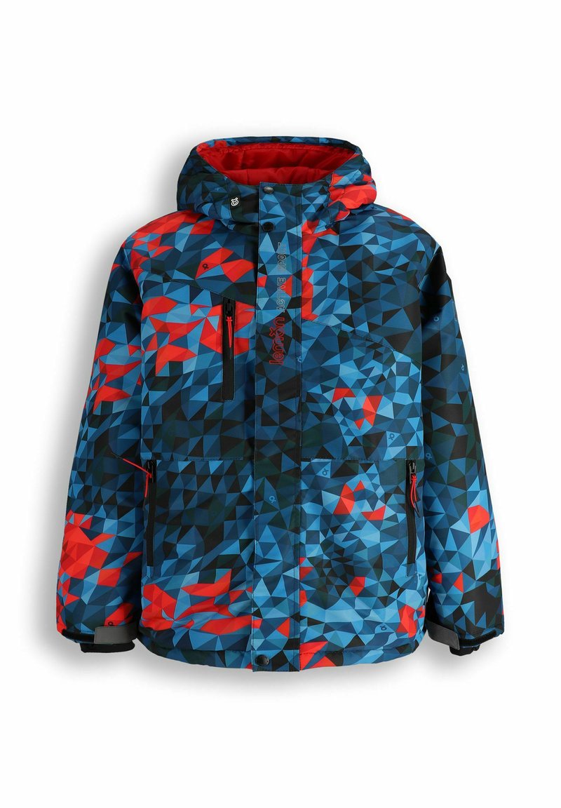Wielokolorowa zimowa kurtka z geometrycznym wzorem w odcieniach niebieskiego, czerwonego i czarnego. Posiada kaptur oraz liczne kieszenie zapinane na zamek.