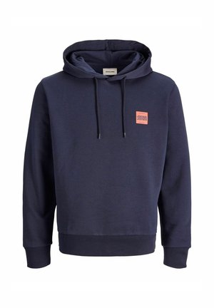 Navy blue hooded sweatshirt, featuring a pink logo patch on the chest, drawstring hood, and ribbed cuffs and hem. Made from soft fabric.