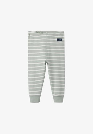 Lys grønne bomuldsbukser med hvide vandrette striber, elastisk talje og et lille marineblåt mærke med teksten "P.O.P." på højre side.