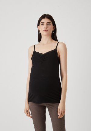 Black camisole with lace trim, fitted design and thin shoulder straps. Smooth fabric with a slight sheen, complemented by a gathered detail at the front.