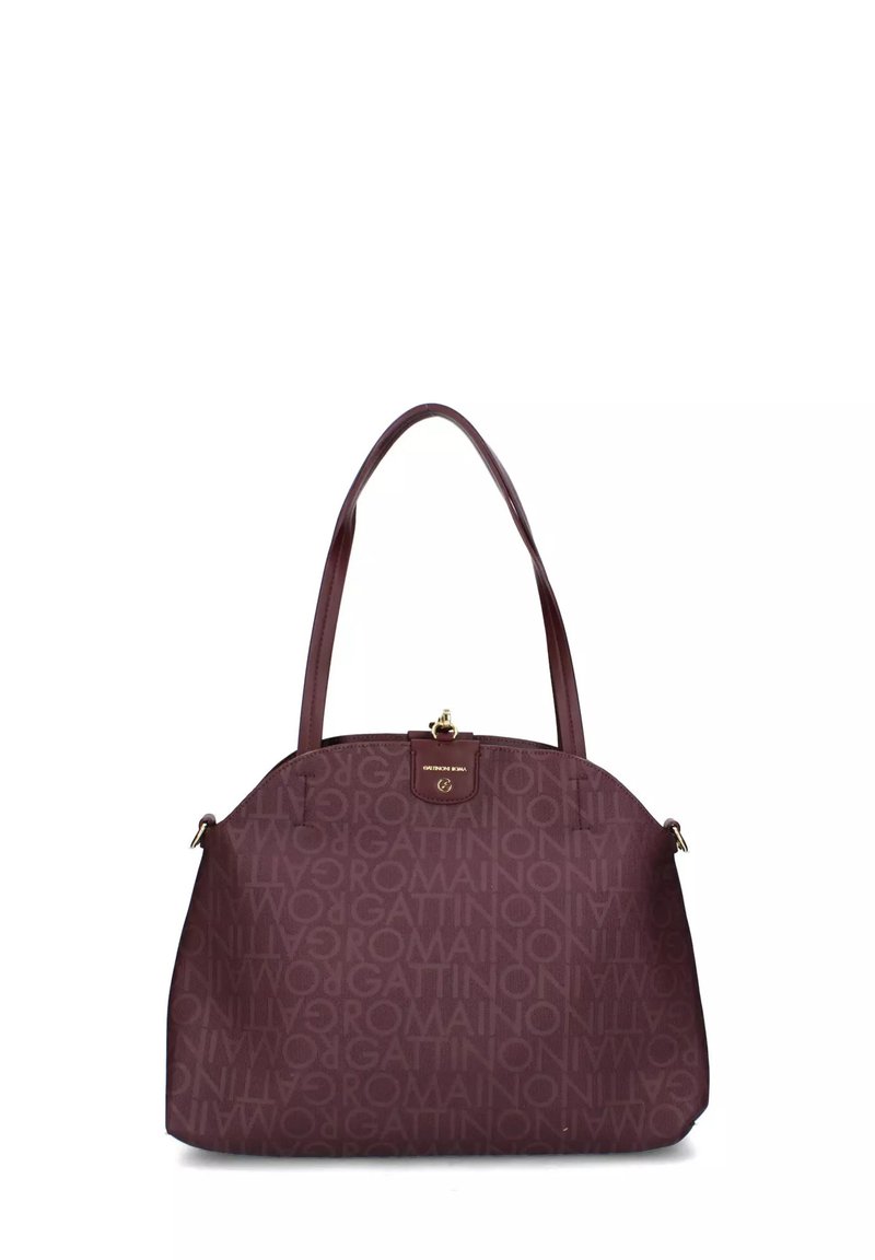 Borsa bordeaux con un motivo testurizzato che presenta un marchio ripetuto. Forma arrotondata, doppi manici superiori e finiture in acciaio dorato.