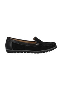 Mocassini in pelle nera con punta arrotondata, cuciture bianche a contrasto e suola in gomma testurizzata. Design slip-on per una facile calzata.