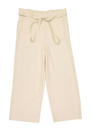 Pantalon beige taille haute à jambes larges avec une ceinture en tissu assorti nouée à la taille et des passants de ceinture.