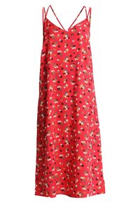 Robe d'été rouge à fleurs avec des bretelles fines et réglables, forme A-line, en tissu léger, présentant un motif vif de petites fleurs multicolores.