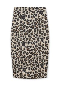 Bleistiftrock im Leopard-Look in Beige mit schwarzen und braunen Flecken, knielang, mit Falten am Bund, glatte Textur.