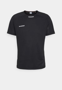 Schwarzes kurzärmliges T-Shirt aus leichtem Stoff. Mit dem Logo "MAMMUT" in Weiß auf der Vorderseite und einem schlichten, lässigen Schnitt.