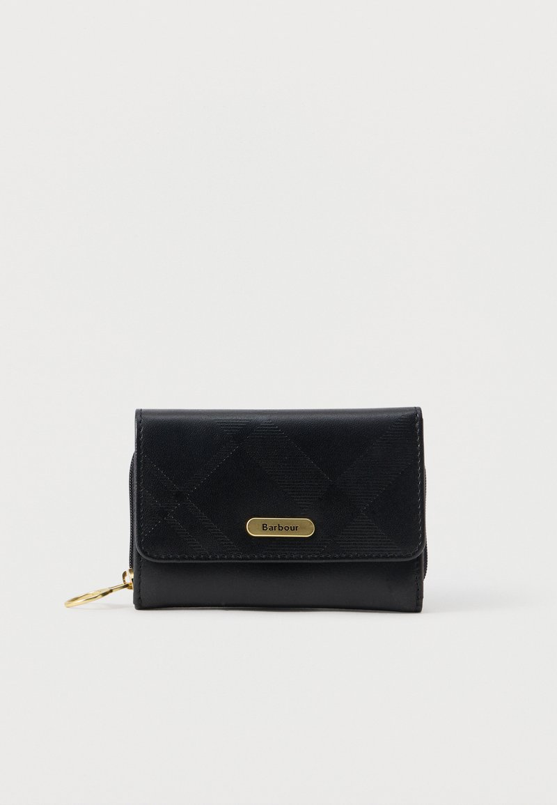 Mustvalge rahakott, millel on ühel küljel tekstuuriga ruuduline muster ja teisel küljel sile nahk, ning kuldne metallist logo plaat. Tõmbenööri detail lisatud.