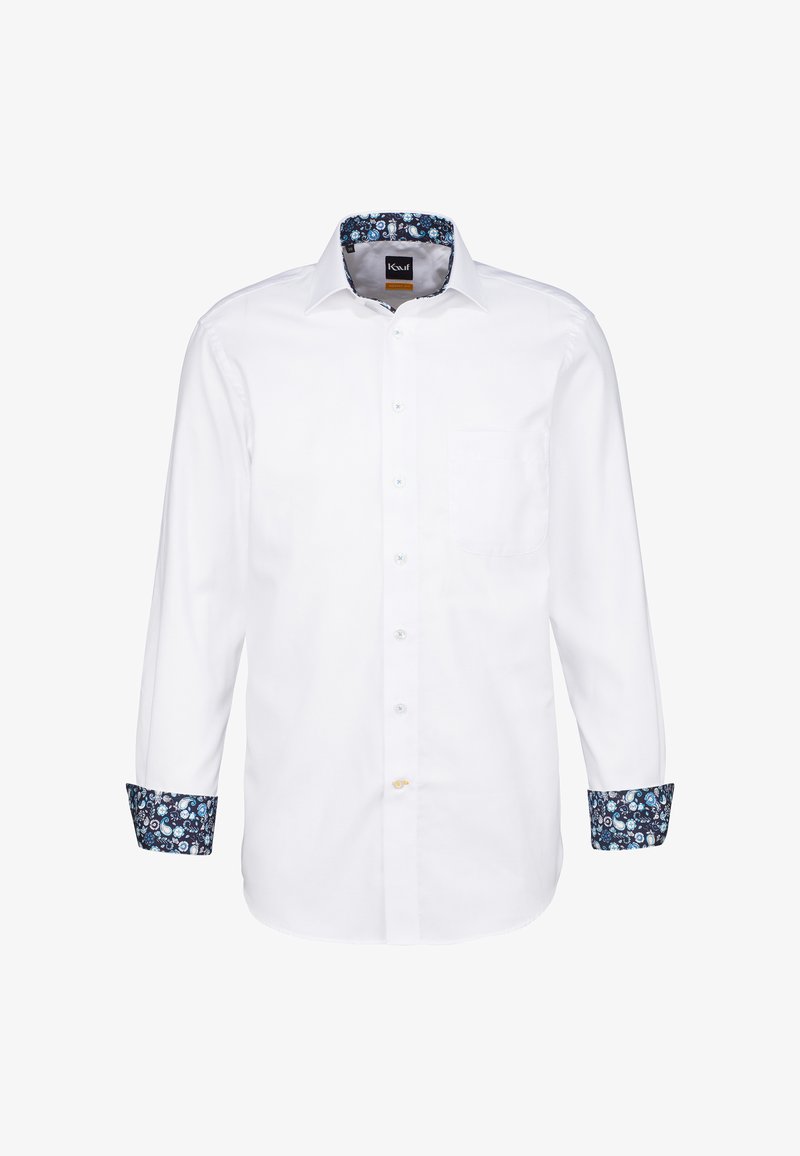 Weißes Langarmhemd mit Knopfverschluss, mit einem floralen blauen Akzent an den Manschetten und einer offenen Brusttasche.