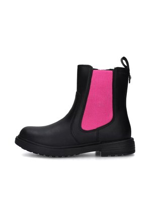 Stivaletti neri con pannelli laterali elasticizzati rosa, tomaia in pelle liscia, punta arrotondata e suola in gomma testurizzata per una migliore aderenza.