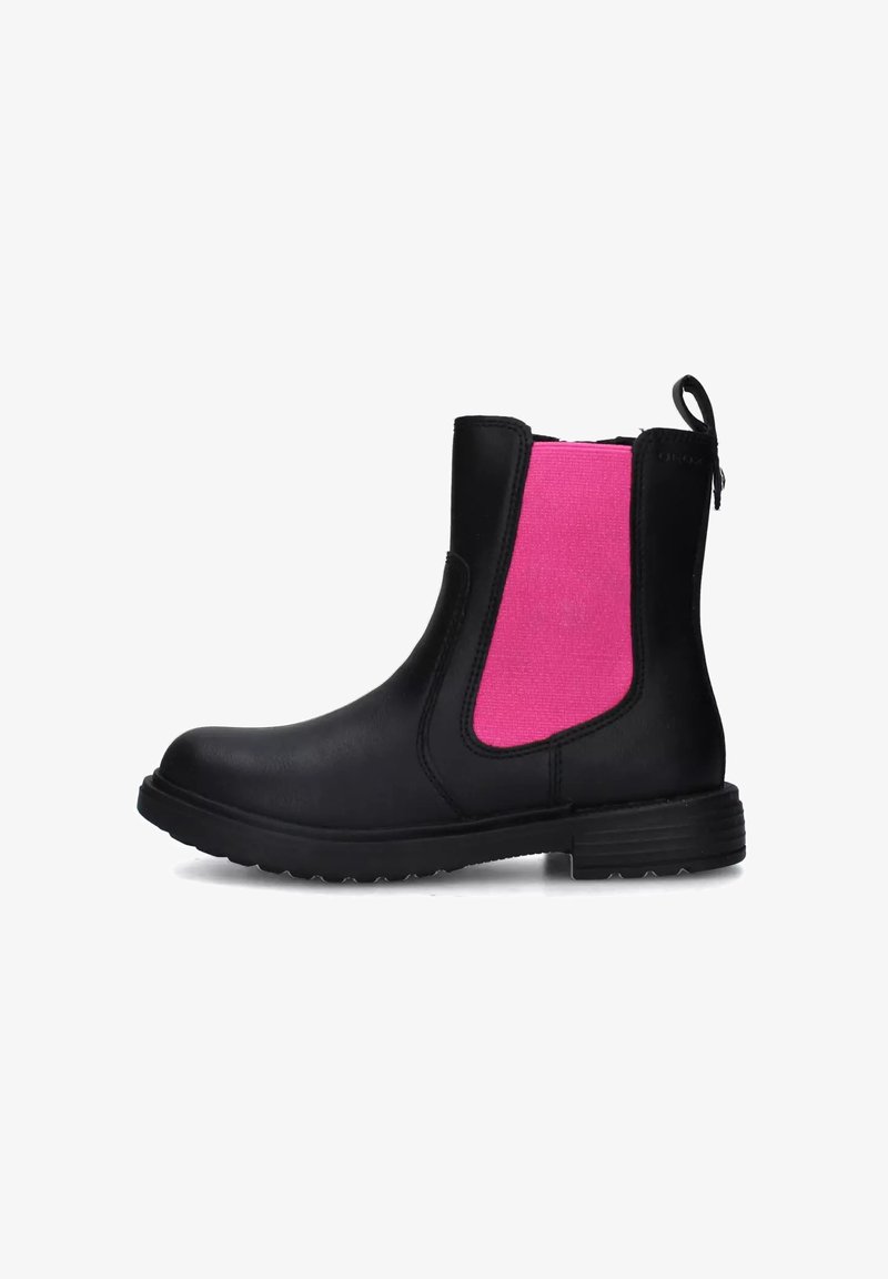 Stivaletti neri con pannelli laterali elasticizzati rosa, tomaia in pelle liscia, punta arrotondata e suola in gomma testurizzata per una migliore aderenza.