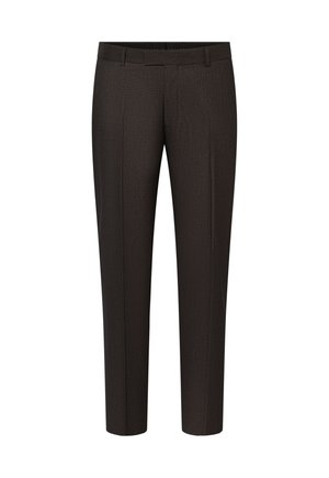 Pantaloni da uomo sartoriali color marrone scuro con passanti per cintura, piega frontale e motivo testurizzato sottile.