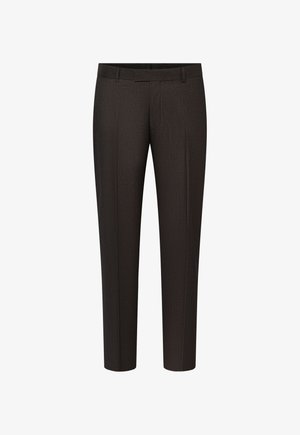 Pantalon habillé homme sur mesure de couleur marron foncé avec passants de ceinture, pli avant et motif texturé subtil.
