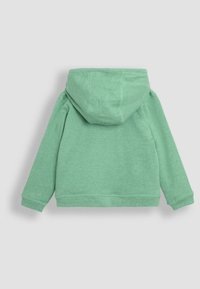 Felpa verde con cappuccio realizzata in tessuto morbido; presenta una tasca a marsupio, polsini a coste e una texture liscia con dettagli cuciti.